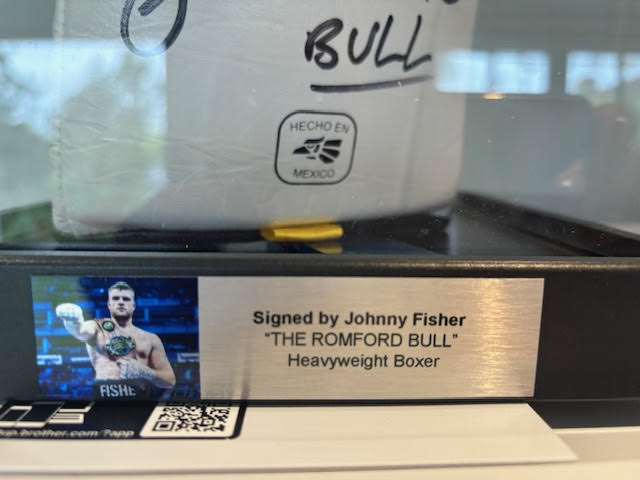 A Cased Johnny Fisher boxing glove ‘The Romford Bu - Image 2 of 2
