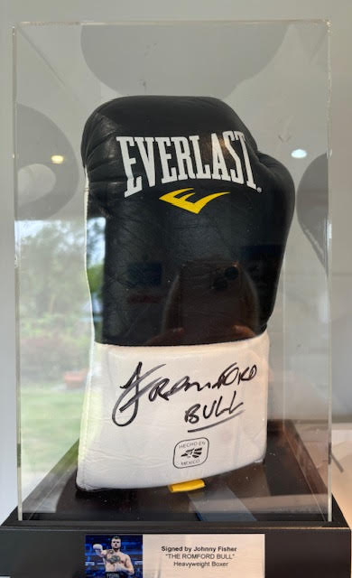 A Cased Johnny Fisher boxing glove ‘The Romford Bu