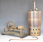 19thC or early 20thC live steam horizontal mill engine together with a wood and brass clad copper