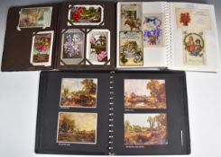 Two albums of early postcards, mainly birthdays, an album of prints including Cornwall, birdlife,