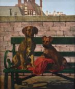 Victorian oil on canvas of two dogs on a bench with house beyond, monogrammed WR and dated 1900
