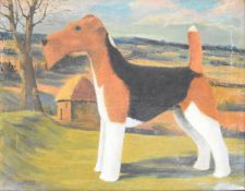 George William Bissill (1896 – 1973) oil on canvas study of a Fox Terrier with landscape beyond,
