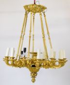 19th century style gilt metal fourteen branch chandelier or electrolier, diameter 67cm, height 76cm