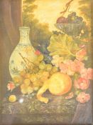 Oil on canvas still life Chinese blue and white vase with fruit and flowers on a table, 22 x 16cm,