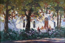 Wessel Marais (South African 1935-2009) oil on canvas group at a table beside a whitewashed house in