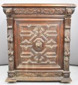 Victorian carved oak cabinet with single drawer above cupboard, with lion mask decoration, W97 x D52