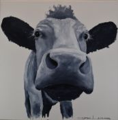 Jason Liosatos (contemporary British Devon artist), acrylic on canvas portrait of a cow, signed