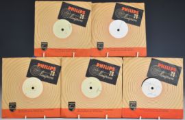 Approximately 30 Philips 78 minigroove records, mostly handwritten white labels from the 1950s