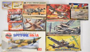 Eleven Airfix and similar plastic model aeroplane kits to include Spitfire Mk 1A, Mosquito, Mk IV