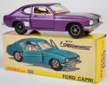 Dinky Toys diecast model Ford Capri with purple metallic body, orange interior, 'Speedwheels',