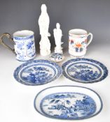 19thC Chinese porcelain tankards, two figures of Guanyin and two blue and white export plates,