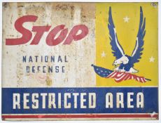 American Stop National Defense Restricted Area vintage printed double sided tin sign, with Peter