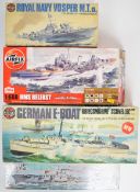 Four Airfix plastic model boat/battleship kits comprising HMS Ark Royal, Royal Navy Vosper 73, HMS