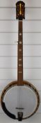 German five string banjo with inlaid mahogany neck, rosewood back and mother of pearl fretwork,