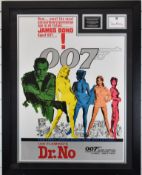 Framed James Bond Dr. No reproduction film poster mounted alongside a signed Sean Connery