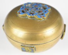 Chinese bronze or Paktong covered pot with applied cloisonné decoration, diameter 9cm, height 6cm.