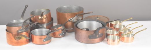 Approximately twenty copper saucepans including an example marked Grands Magasins du Louvre,