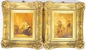 Pair of oil on canvas classical scenes, one a man playing the harp to a group of ladies in a grand