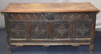 18thC elm and carved oak chest, W136 x D57 x H66cm