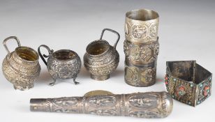 Eight Indian and similar silver and white metal items including cruets, parasol handle (17cm