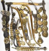 19thC horse brasses, most on leather straps, pair of horse hames, ringer etc