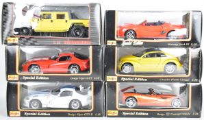 Six Maisto 1:18 scale diecast model sports cars comprising Dodge Viper GTS, Dodge Concept Vehicle,