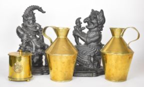 Pair of Punch and Judy cast iron doorstops, trench art 1917 pot with Royal Engineers badge to