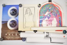 Collection of music rock posters including David Bowie, Pink Floyd, two 2016 David Gilmour, Led