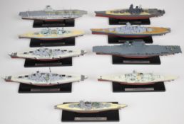 Nine Atlas Editions plastic / resin model battleships and aircraft carriers to include USS Missouri,
