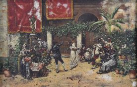 Early 20th century oil on panel Spanish or similar dancing scene, with red rugs or banners hanging