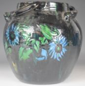 Elton ware pottery jardinière with green and blue drip ware glaze and flower decoration in relief,