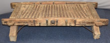 North African / Moroccan metal bound low fish table, 143 x 74 x 36cm.