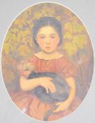 Ford oil on board portrait of a girl holding a chicken, signed and dated 1867 lower left, maximum