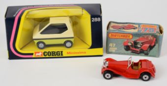 Two diecast model cars comprising Corgi Minissima 288 and Matchbox 47 Jaguar SS100