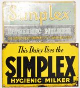 Two Simplex Hygienic Milker Dairy equipment vintage advertising signs, one enamel, the other printed
