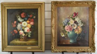 Two oil still life studies of flowers in vases comprising Clive Flint roses, phlox and asters in a