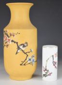 Two Chinese vases, one Yixing pottery with decoration of a bird on a cherry blossom branch and