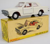 Dinky Toys diecast model Ford Cortina De Luxe with white body, red interior, silver hubs and opening