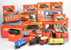 A collection of mostly Hornby 00 gauge railway items including seven locomotives, rolling stock