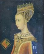 18th / 19th century Edward II interest portrait miniature of Eleanor de Clare in formal jewelled