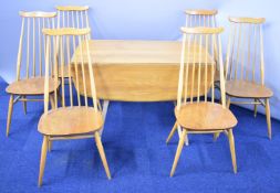 Ercol mid century modern light elm table and six chairs, W125 x D115 x H70cm