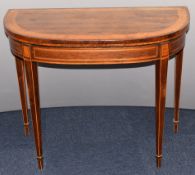 Georgian or early Victorian rosewood and pollard oak or similar fold over card table, W91 x D45 x