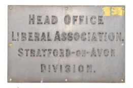 Stratford-On-Avon Liberal Association head office brass sign, 30.5 x 46cm