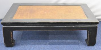 Chinese lacquered coffee table with wicker style centre panel, L150 x W100 x H46cm