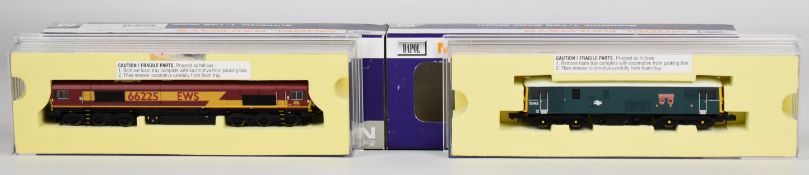 Two Dapol N gauge model railway diesel locomotives comprising Class 73 and 66, both in original