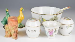 Seven pieces of 19th / 20thC Chinese porcelain including pedestal bowl, wine cup, ducks etc, largest
