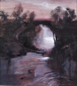 Peter Daniels (1935-1998) oil on board River Lune, Lancashire, with bridge crossing the river,