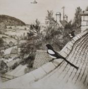 Harold Sayer limited edition engraving 'Magpies' Slad Valley, dated 1980, 27 x 27cm