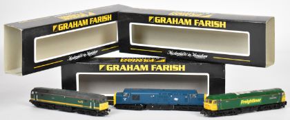 Three Graham Farish N gauge model railway diesel locomotives comprising Class 37, 47 and 57, all