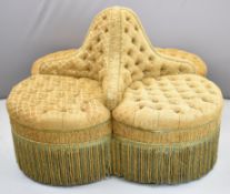 Victorian four sided conversation seat with buttoned upholstery and tassel fringe, width 160cm